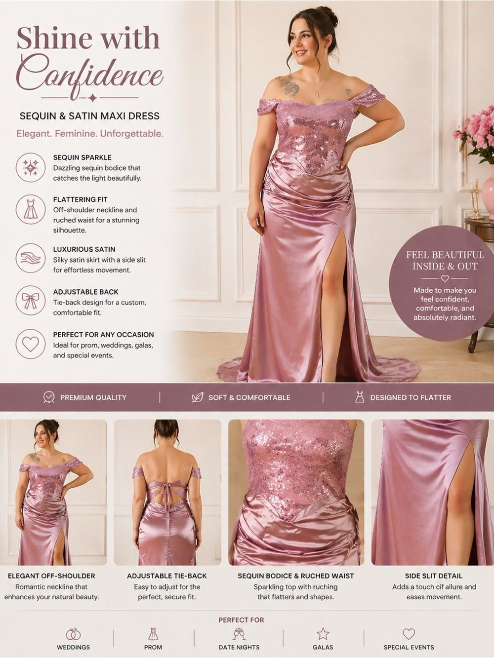Off-Shoulder Sequin & Satin Maxi Dress in Dusty Rose